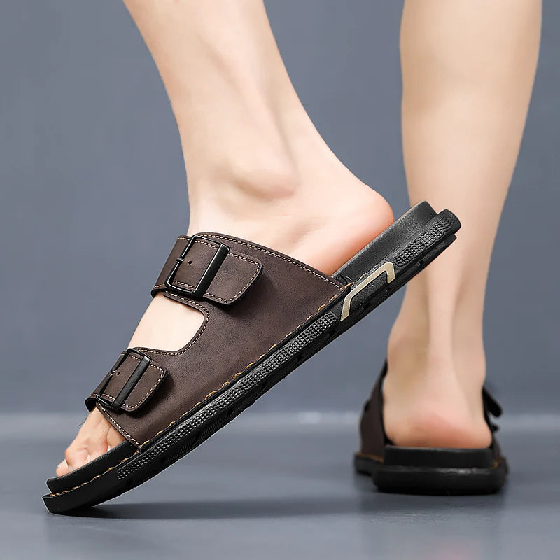 Fashion sandals for men, PU leather, metal details, buckle strap, plus size, summer beach men's mid heeled shoes, luxury sandals