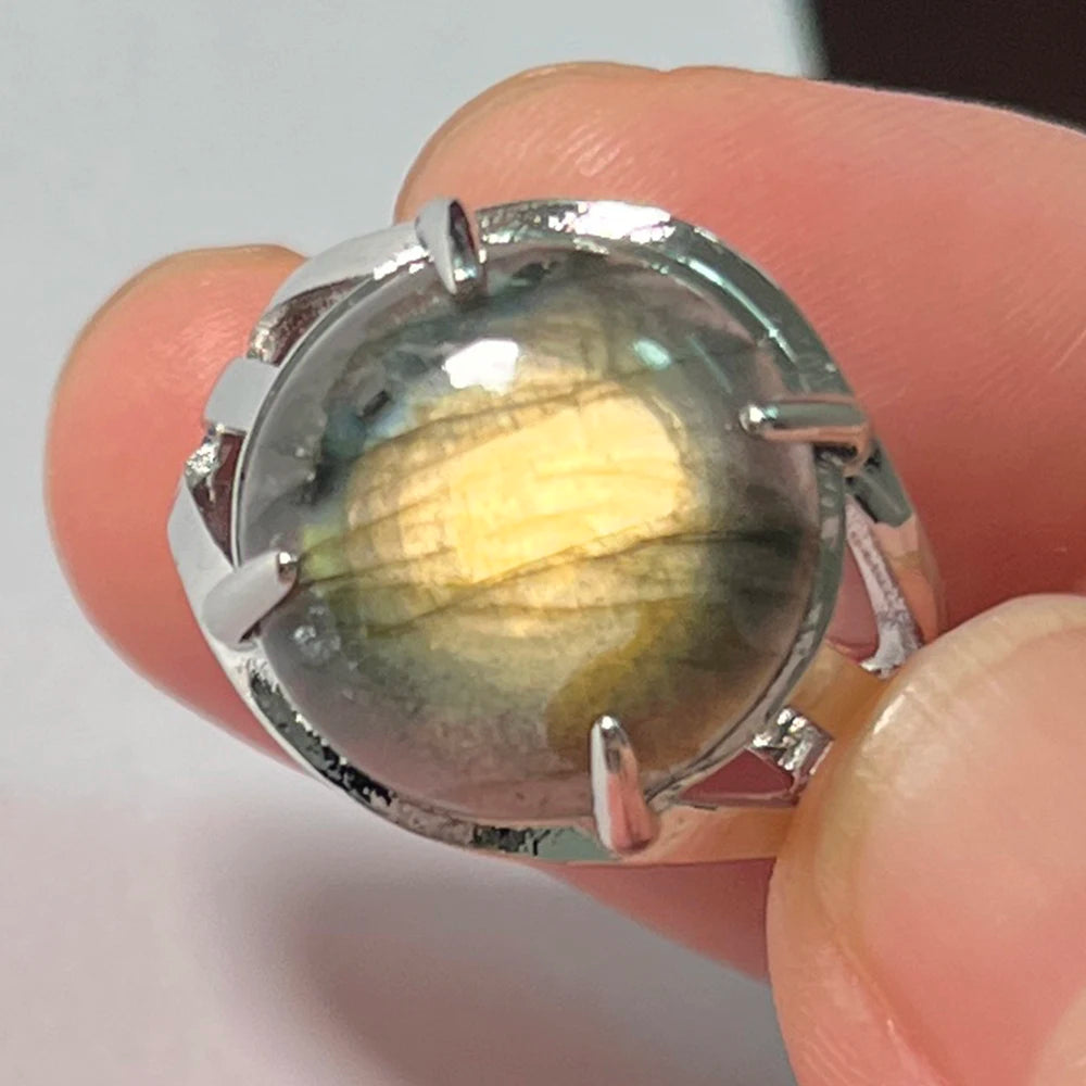 Ring Natural Stone Round Bead Blue Labradorite Adjustable Finger