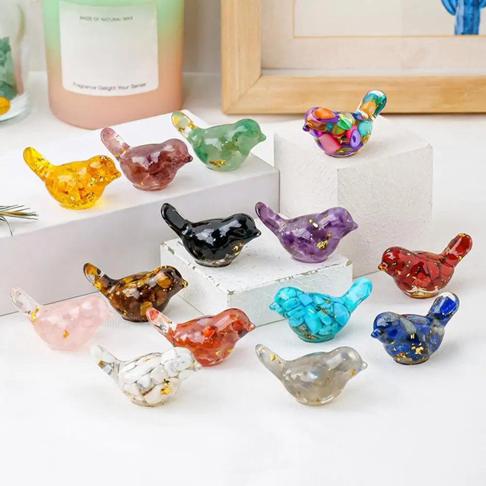 Natural Stone Colorful Bird Figurine Positive Healing Energy Hand-carved Faux Crystal Mini Bird Statue Home Office Desktop Decor