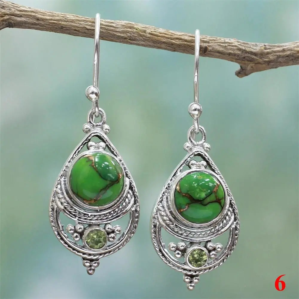 Vintage Women Natural Charm Multi-Gemstone Rainbow Moonstone Peridot Amethyst Turquoise Pendant Earrings Dangle Earrings Jewelry