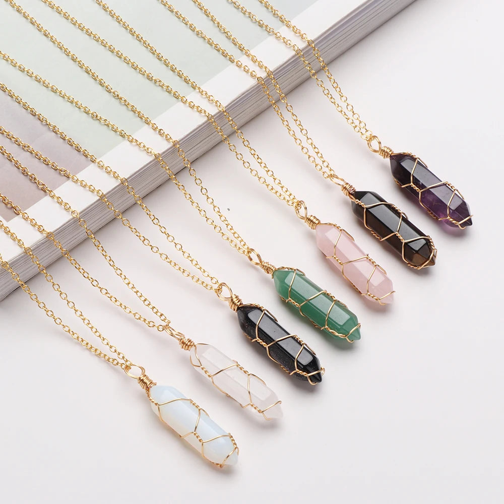 Jewelry Amethyst Tiger Eye Rose Quartz Natural Stone Hexagonal Cylindrical Crystal Necklace Wire Wrap Stone Pendant
