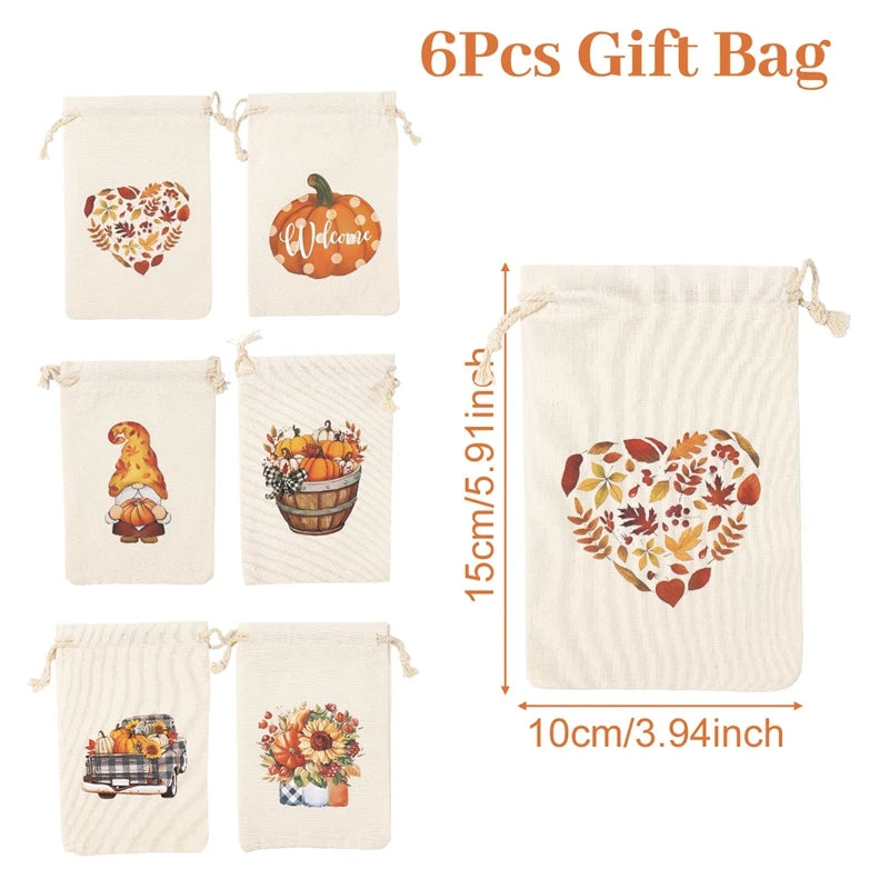 6pcs Thanksgiving Burlap Candy Bags Autumn Maple Leaf Jute Linen Treat Gift Bags for Thanksgiving Party Kids Cookies Pack Bags