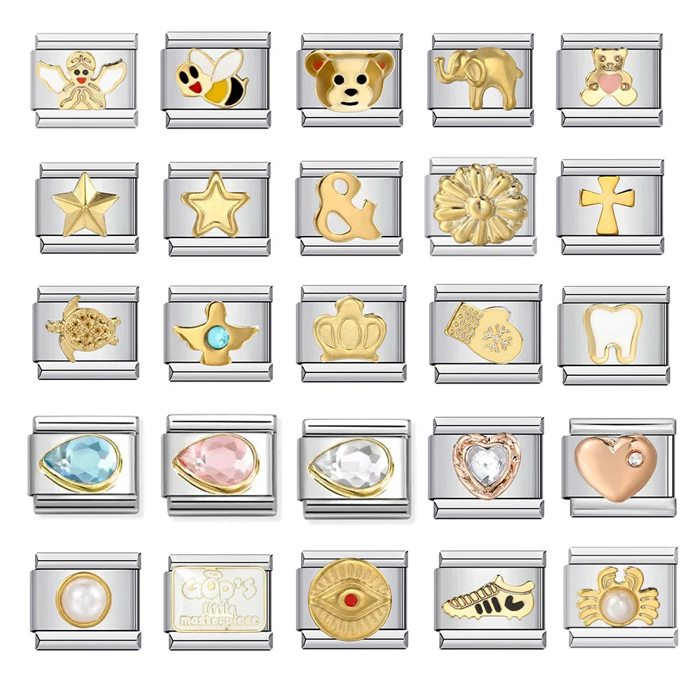 Golden Pattern Meaning Drip Oil Italian Charm Links Fit 9mm Stainless Steel Bracelets For Woman Men DIY Jewelry Making Wholesale