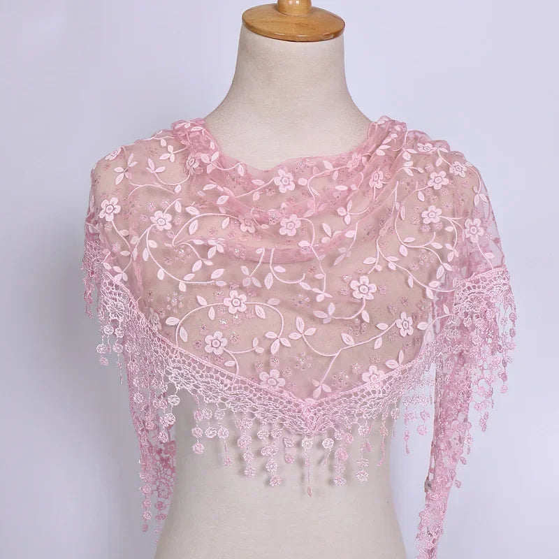 Women Triangle Scarf for Church Prayer Shawl Embroidered Lace Veil Floral Tassel Veils Mantillas for The Church's Pendant Scarve