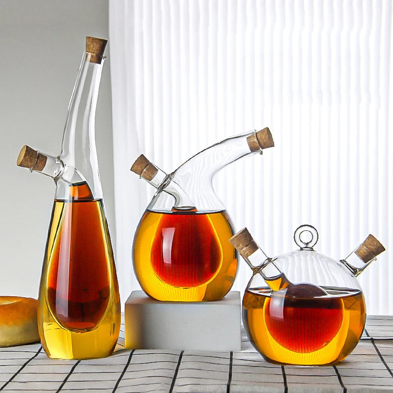 Double-layer Glass Oil Jug 2-in-1 Oil Vinegar Bottle Home Creative Double-mouth Cork Shaped Glass Oil Jug Kitchen Seasoning Tool