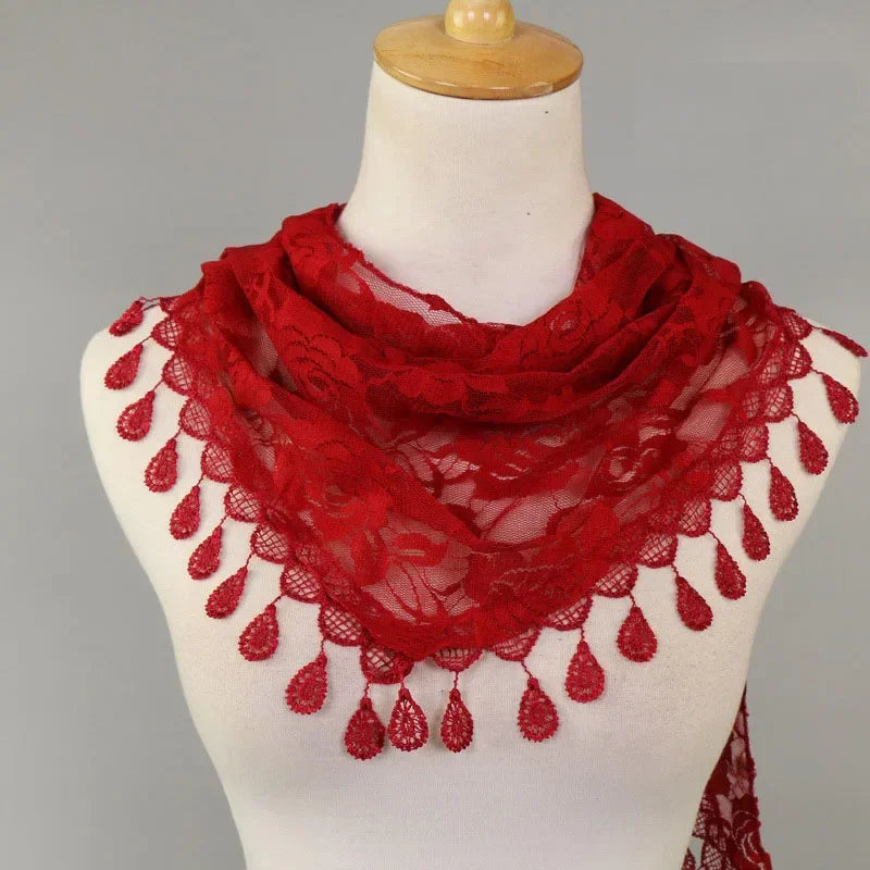 Fashion Women Triangle Wrap Fringed Shawls Head Scarf Tassel Embroidery Lace Scarves Flower Hijab Bandana Prayer Kerchief Church