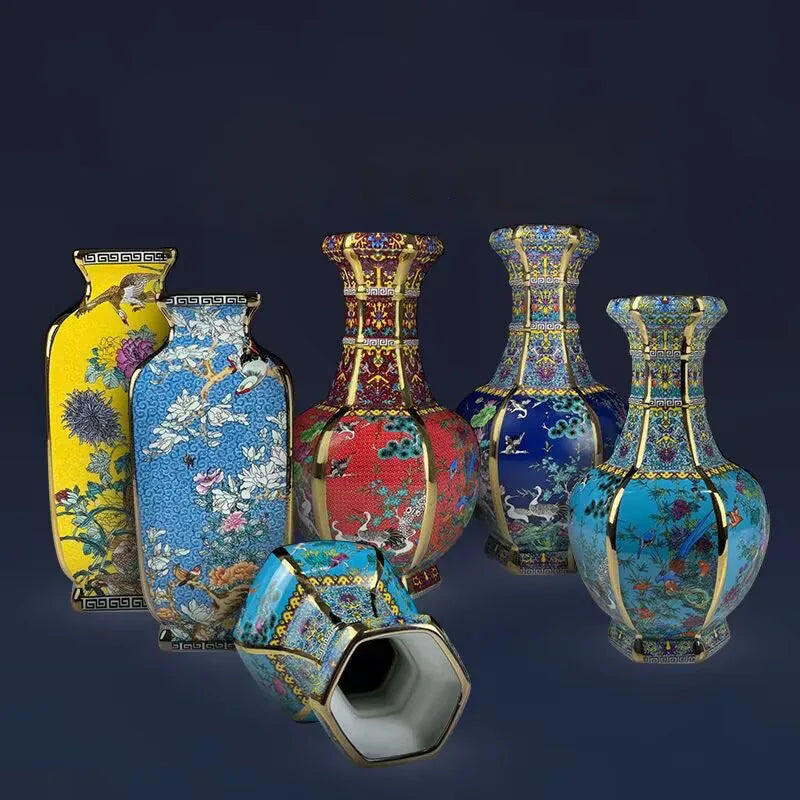 Chinese Ancient Enamel Color Flower Bird Ceramic Vase Collection Decoration Art Home Desk Retro Ornament Antique Porcelain Items