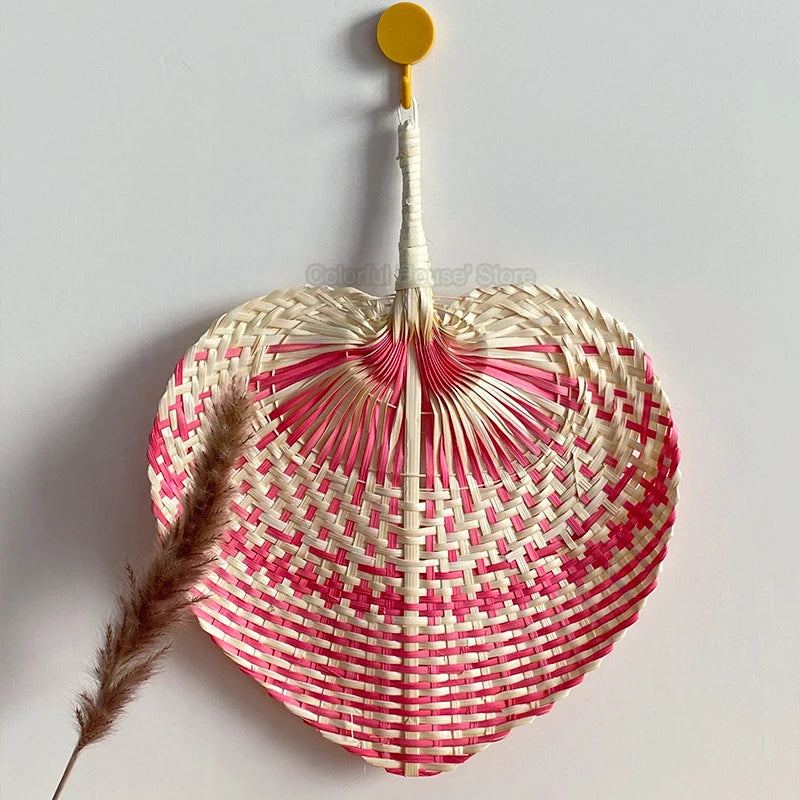 Ethnic Style Summer Cooling Handmade Natural Bamboo Wedding Party Hand Straw Weaving Hand-cranked Fan Art Craft Woven Home Decor