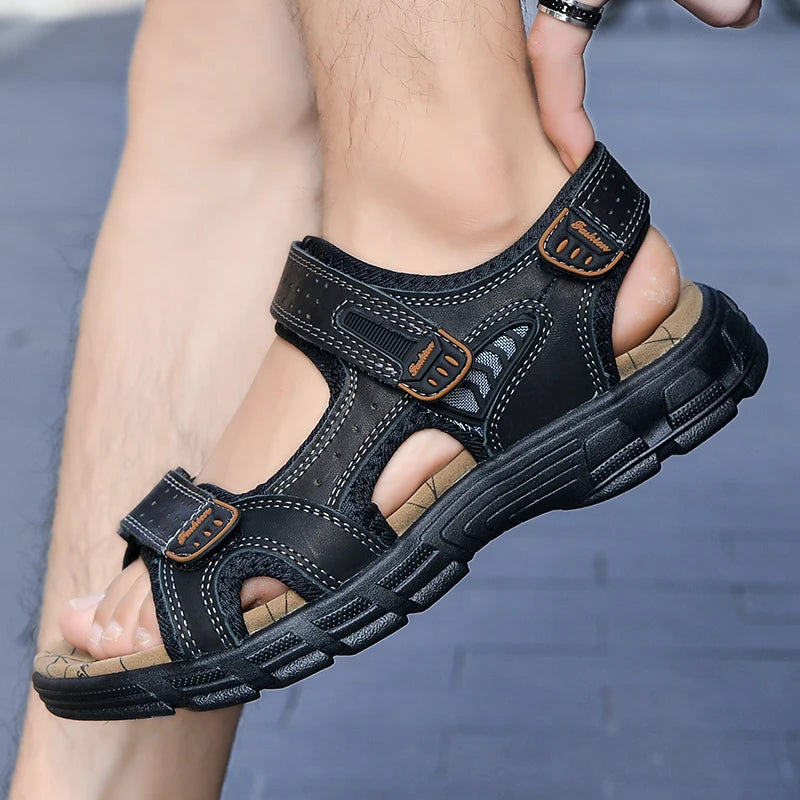 Classics Men's Sandals Summer Genuine Leather Sandals Handmade Outdoor Mesh Men Footwear Soft Breathable Metal Leather Slippers