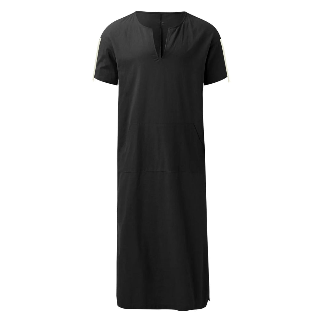 Men's Cotton Linen Long Robe Short Sleeve V Neck Jubba Thobe Arabia Muslim Costume Kaftan Arab Islamic Loose Casual Clothes 2024