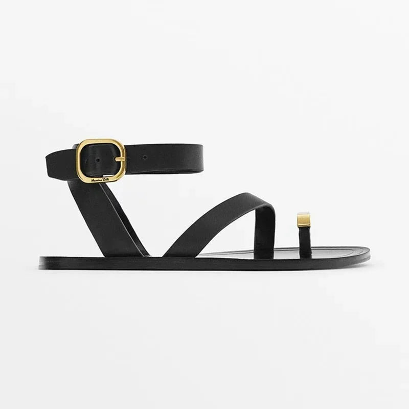 2025 Fashion Women's Beach Sandals Leather Flat Clip Toe Metal Decoration Fashion Sandals Comfortable Autumn