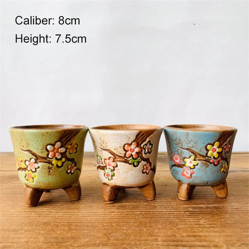 Retro Simple Fleshy Flower Pot Ceramic Hand-painted Fresh Thumb Pot Coarse Pottery Permeable Pot Living Desk Home Decoration