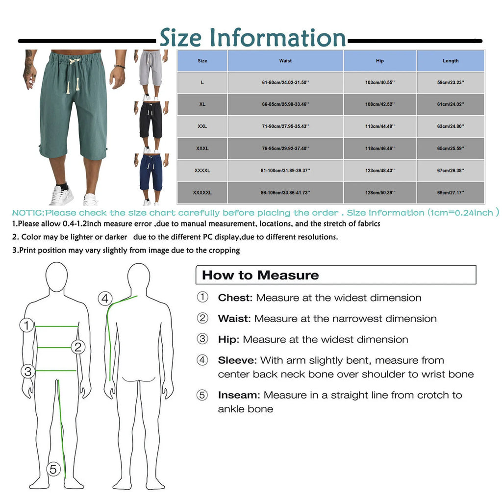 Cotton Linen Men'S Loose Tie Casual Pants Elastic Waist Beach Pants Linen Cropped Pants