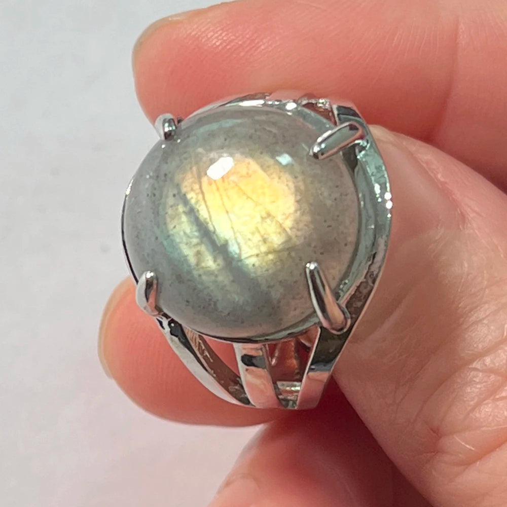 Ring Natural Stone Round Bead Blue Labradorite Adjustable Finger