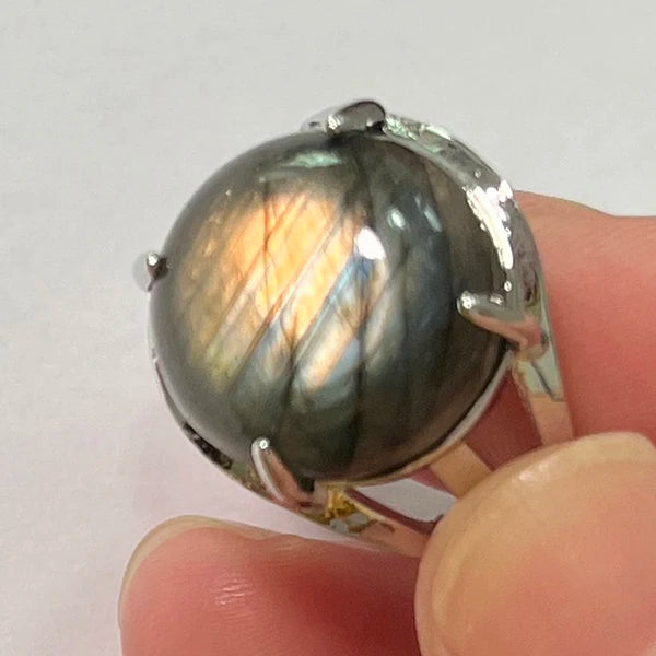 Ring Natural Stone Round Bead Blue Labradorite Adjustable Finger