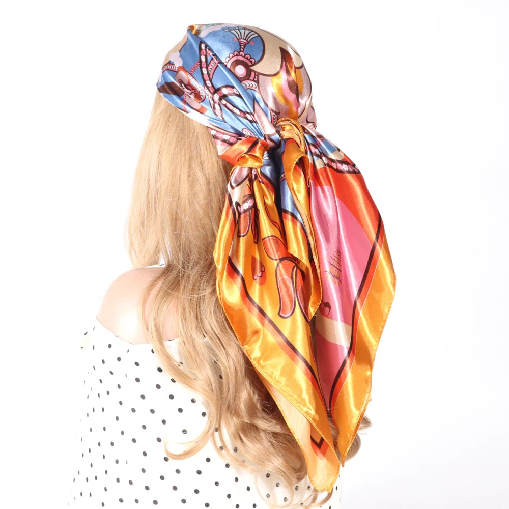 Silk Head Scarf Women Luxury Fashion Hair Scarve Summer Foulard Femme Satin Shawl Kerchief 90cm Square Headscarf Bandana Cheveux