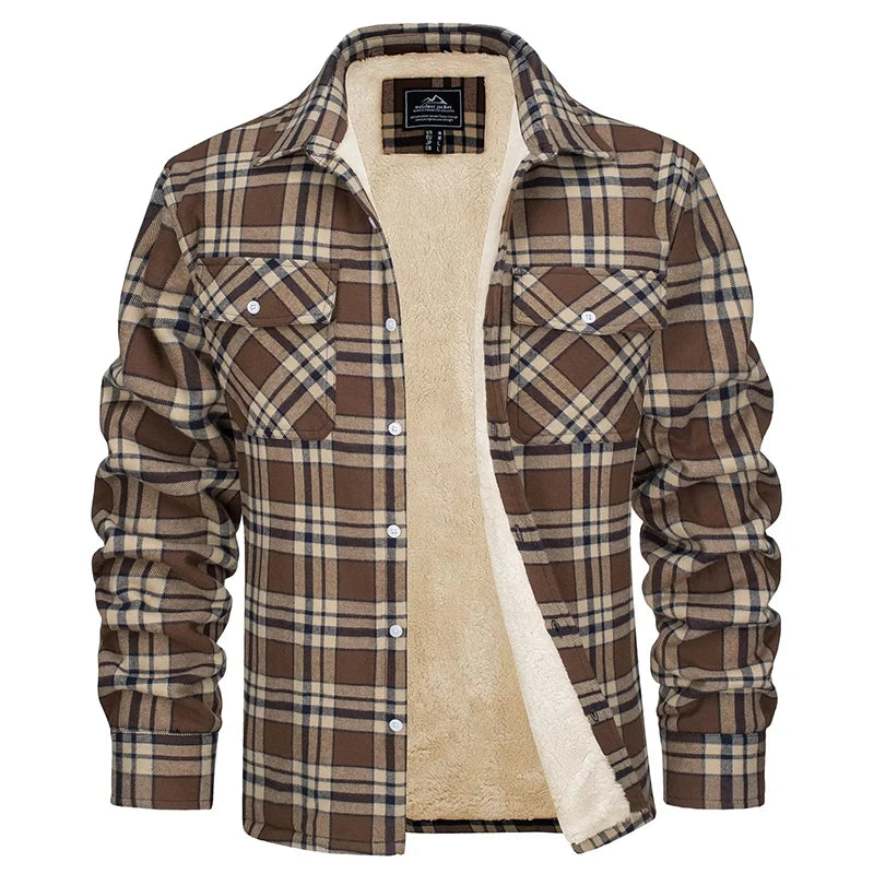 MAGCOMSEN Fleece Plaid Flannel Shirt Jacket  Men's Button Up Casual Cotton Jacket Thicken Warm Spring Work Coat Sherpa Outerwear