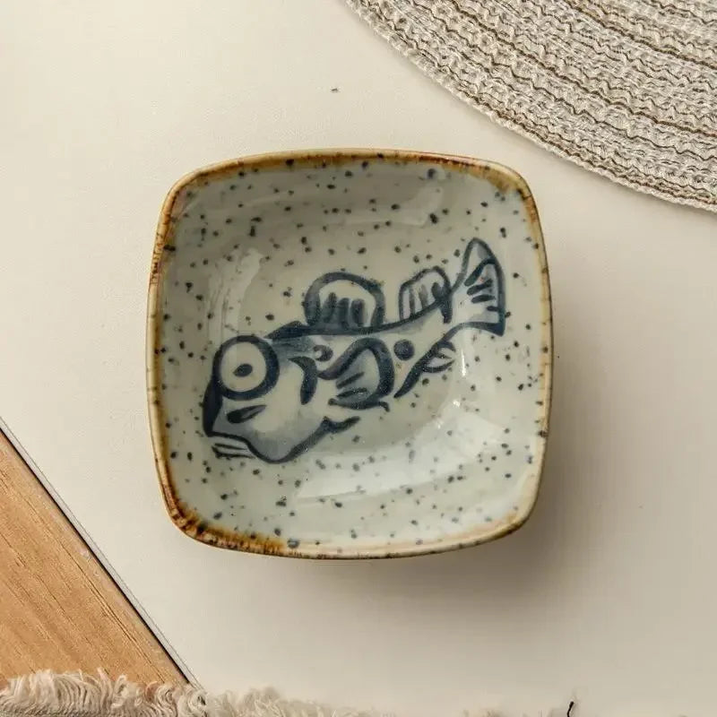 Japanese Cartoon Antique Seasoning Dishes Ceramic Square Plate Creative Cartoon Seafood Sauce Dish Home Kitchen Tableware