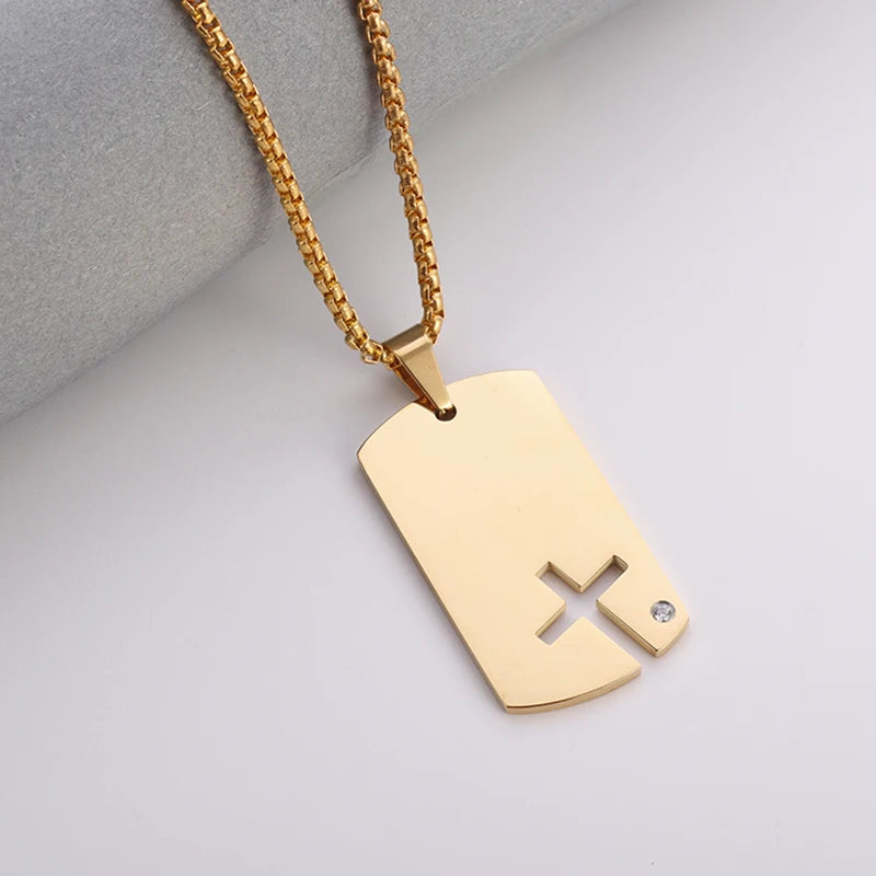 Stainless Steel Classic Geometric Polygonal Black Square Natural Stone Necklace Pendant for Men Fashion Casual Punk Jewelry Gift