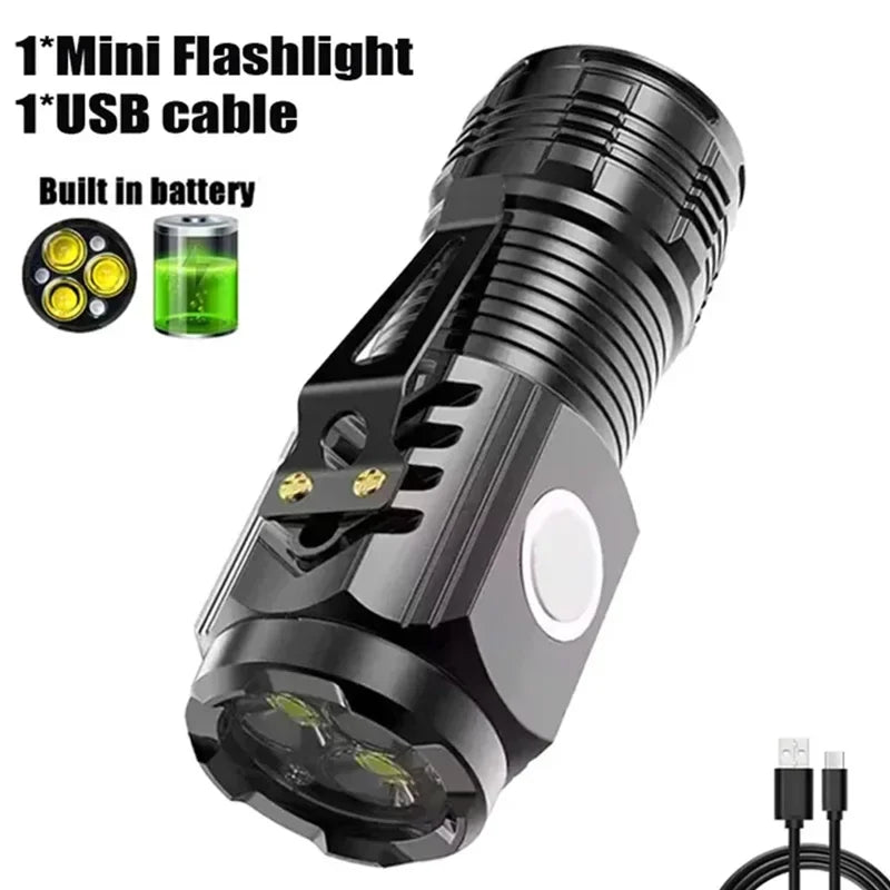 Tactical USB Rechargeable Mini Flashlight Super Bright Outdoor 3 LED Torch Clip Magnet Work Light For  Hiking Camping Car Repair