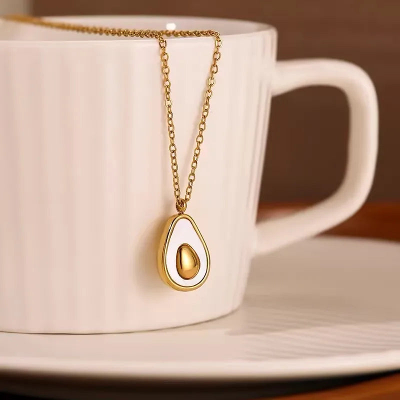 ASONSTEEL Fashion Gold Plated Fruit Pendant Necklace For Women Stainless Steel Jewelry Avocado Natural Shell Glossy Waterproof