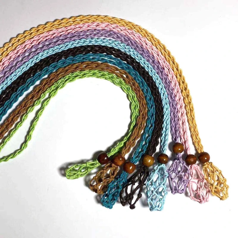Retro Woven Natural Stone Pendant Necklace Net Pocket Hollow Handmade Jewelry Men and Women the Same Style Without Gems