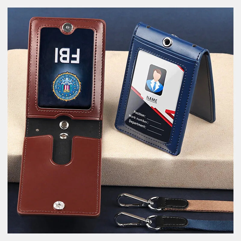 Genuine Leather ID Badge Holder Name Tag Chest Card Holders with Neck Lanyard Formal Staff Office Worker Supplies Magnet Hasp