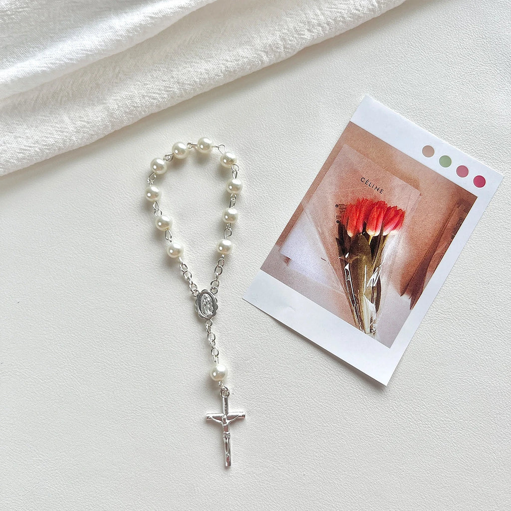 1Pcs Baby 6/8mm Glass Pearl Rosary Bracelet Eucharist Gift Cross Finger Chain Religion Mini Rosary Bracelet Pray