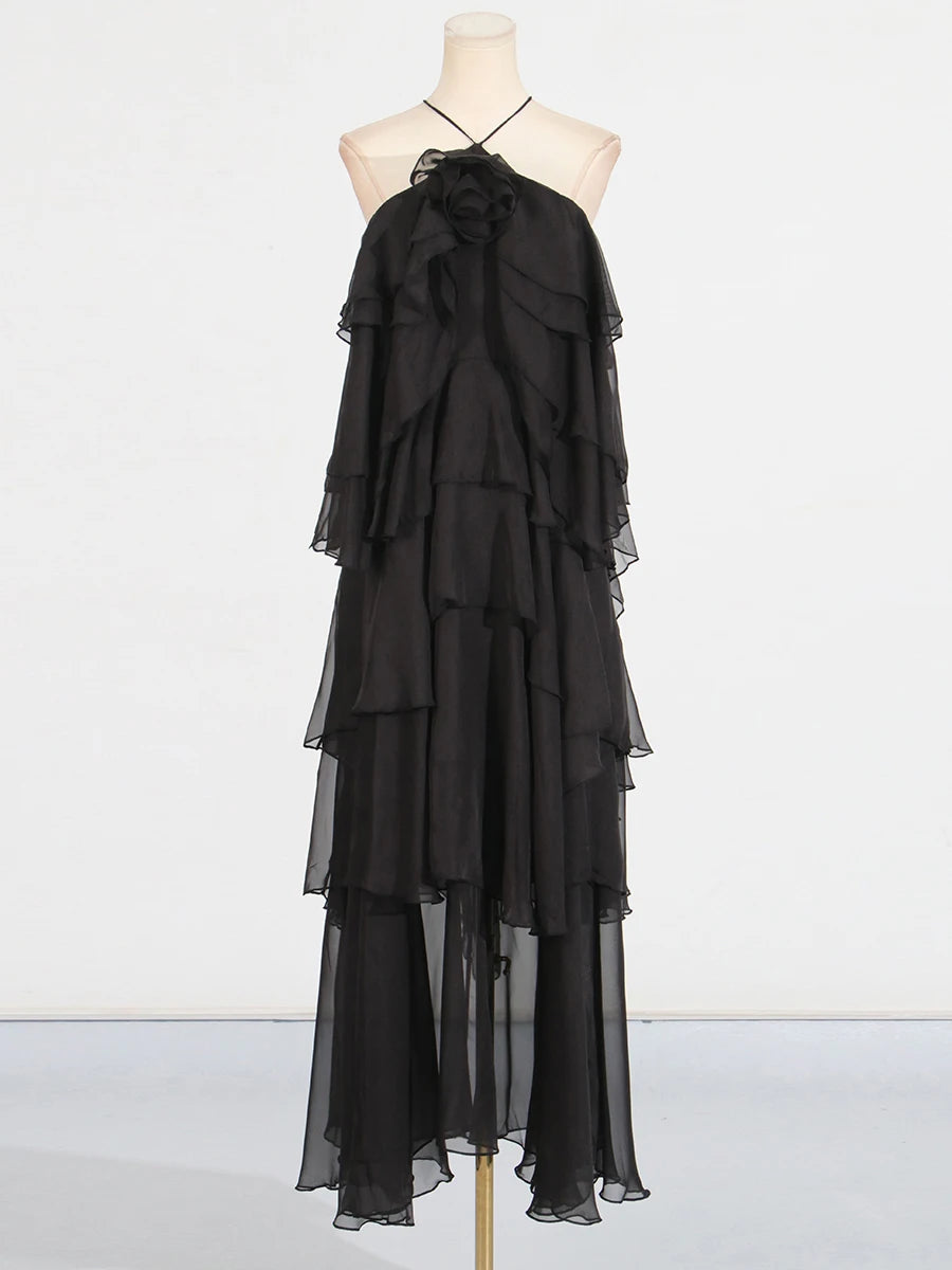 VGH Sexy Spliced Ruffles Backless Loose Dresses for Women Strapless Sleeveless Patchwork Flowers Minimalist Long Dress Female
