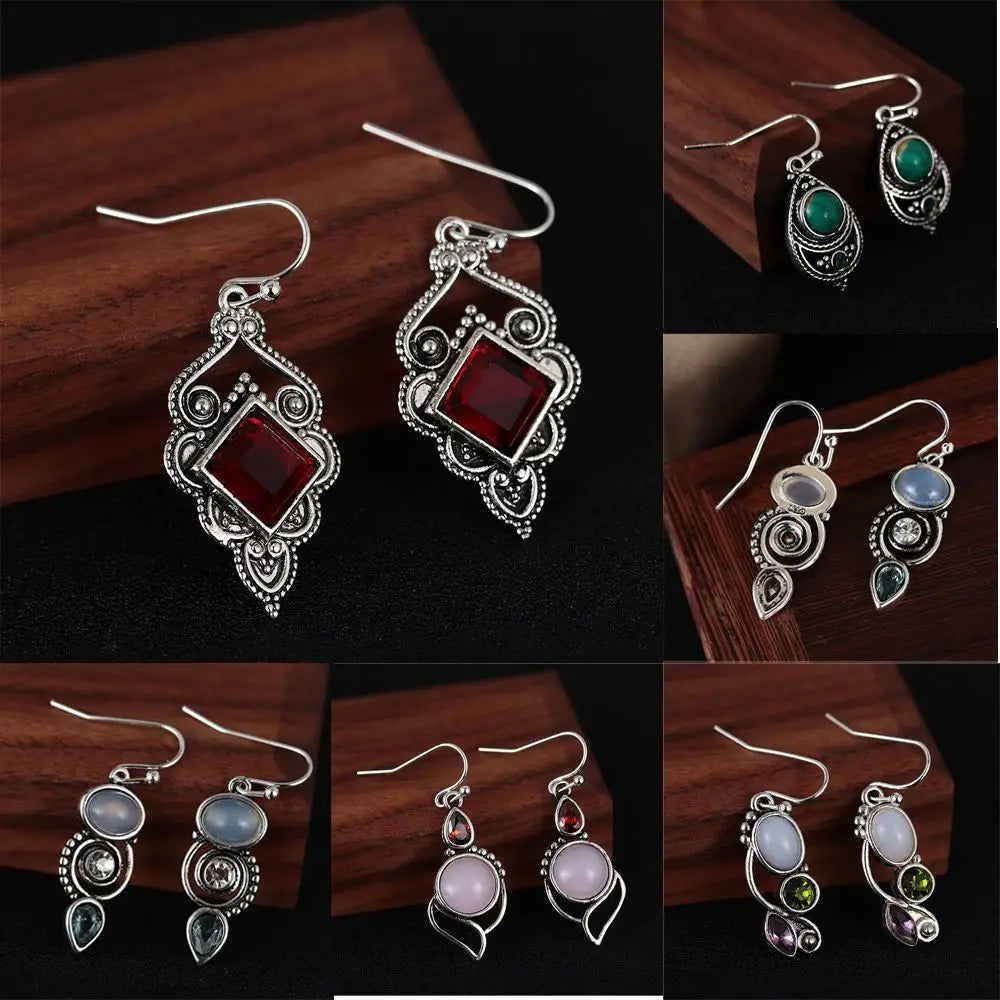 Vintage Women Natural Charm Multi-Gemstone Rainbow Moonstone Peridot Amethyst Turquoise Pendant Earrings Dangle Earrings Jewelry