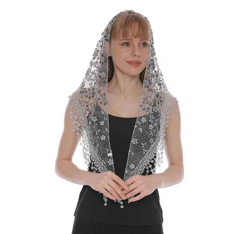 Women Triangle Scarf for Church Prayer Shawl Embroidered Lace Veil Floral Tassel Veils Mantillas for The Church's Pendant Scarve