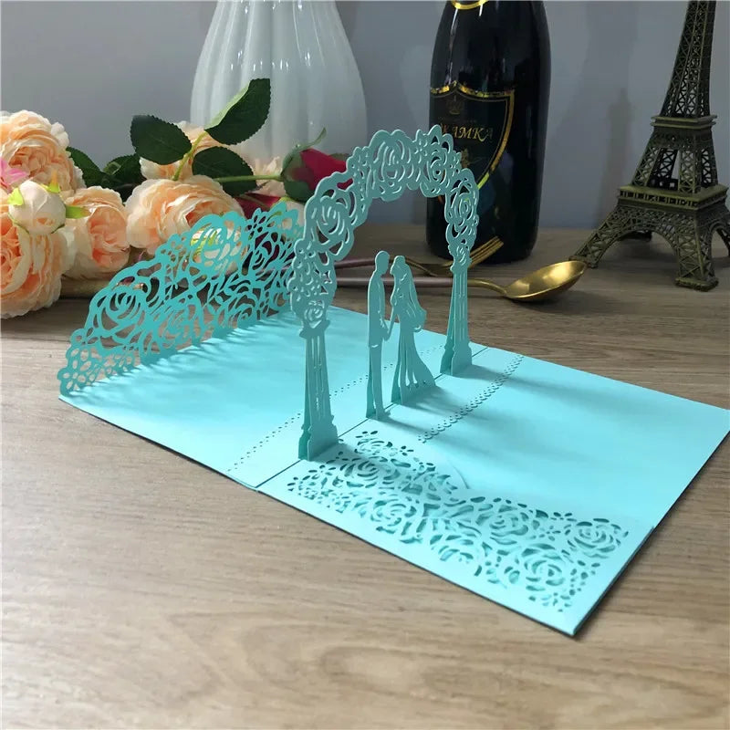 3D Bride And Groom Rose Gold Pop up Wedding invitations laser cut Greeting cards envelope Rsvp Navy blue White Pink