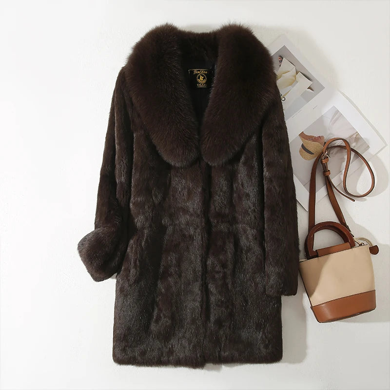 New 100% Real Natural  Whole Rabbit Fur Coat With Luxury Natural Fox Fur Collar Jacket Full Pelt Rabbit Fur Overcoat