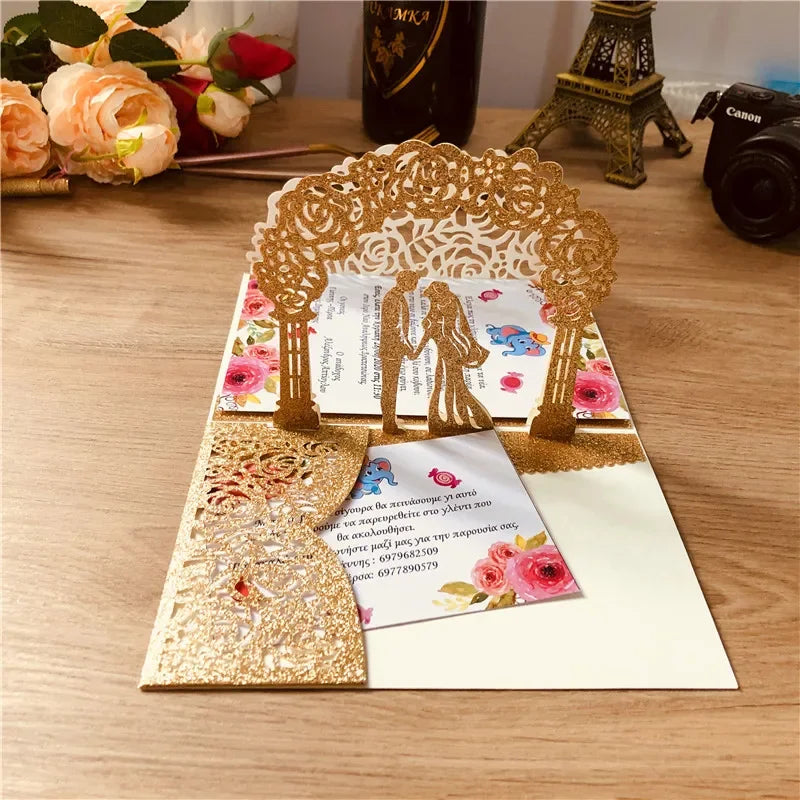 3D Bride And Groom Rose Gold Pop up Wedding invitations laser cut Greeting cards envelope Rsvp Navy blue White Pink