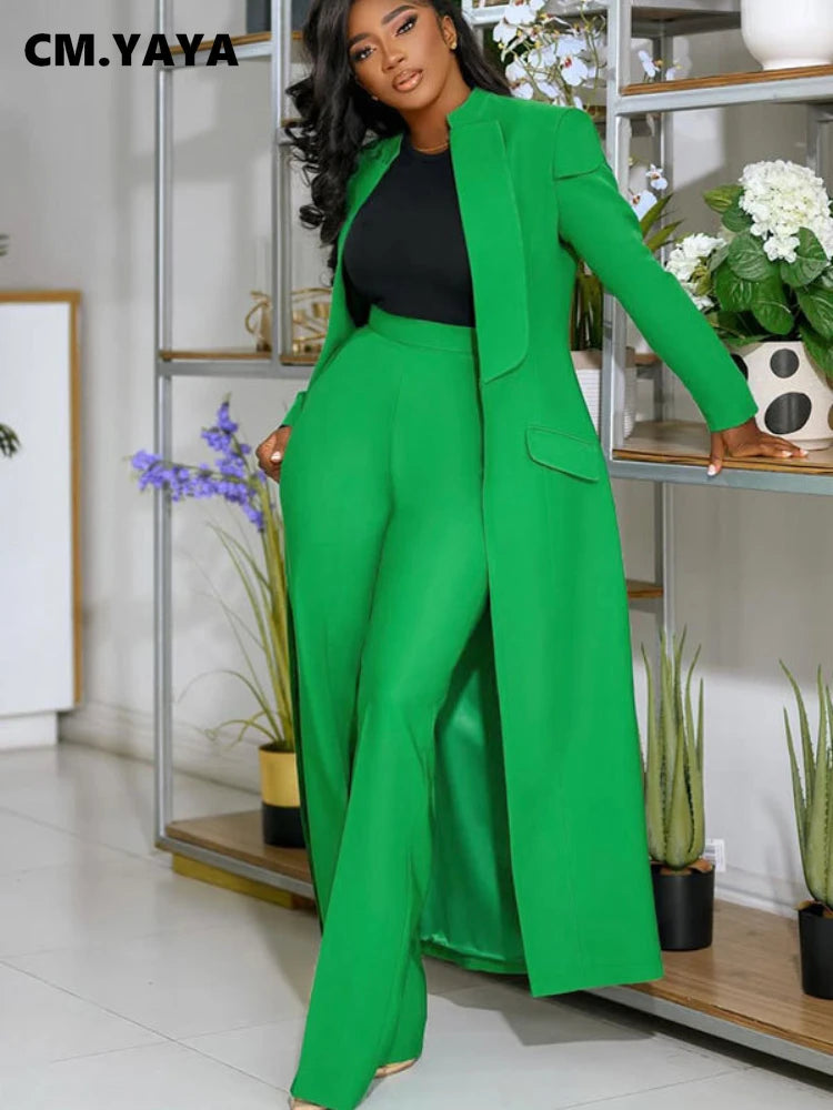 CM.YAYA Women's Set Full Sleeve X-Long Blazer Coat+ Long Pant Suit 2025 Spring Streetwear Two 2 Piece Set Africa OL Work Outfits