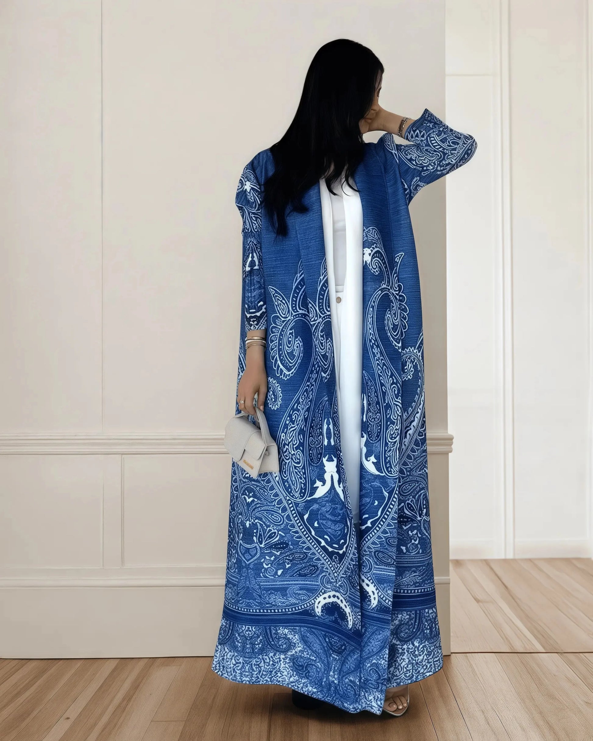 Women's Fold Miyake Pleated Abaya Long Sleeve Print Foldable Collar Robe Cardigan Coat New Winter Fashion Original Design 2024