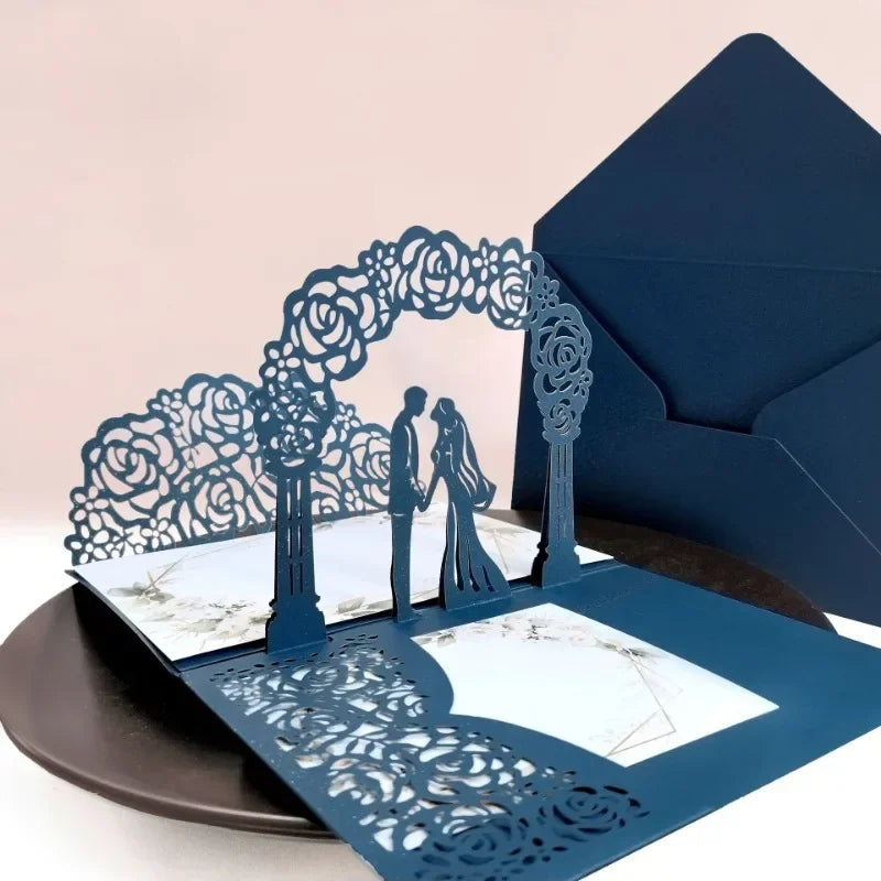 3D Bride And Groom Rose Gold Pop up Wedding invitations laser cut Greeting cards envelope Rsvp Navy blue White Pink