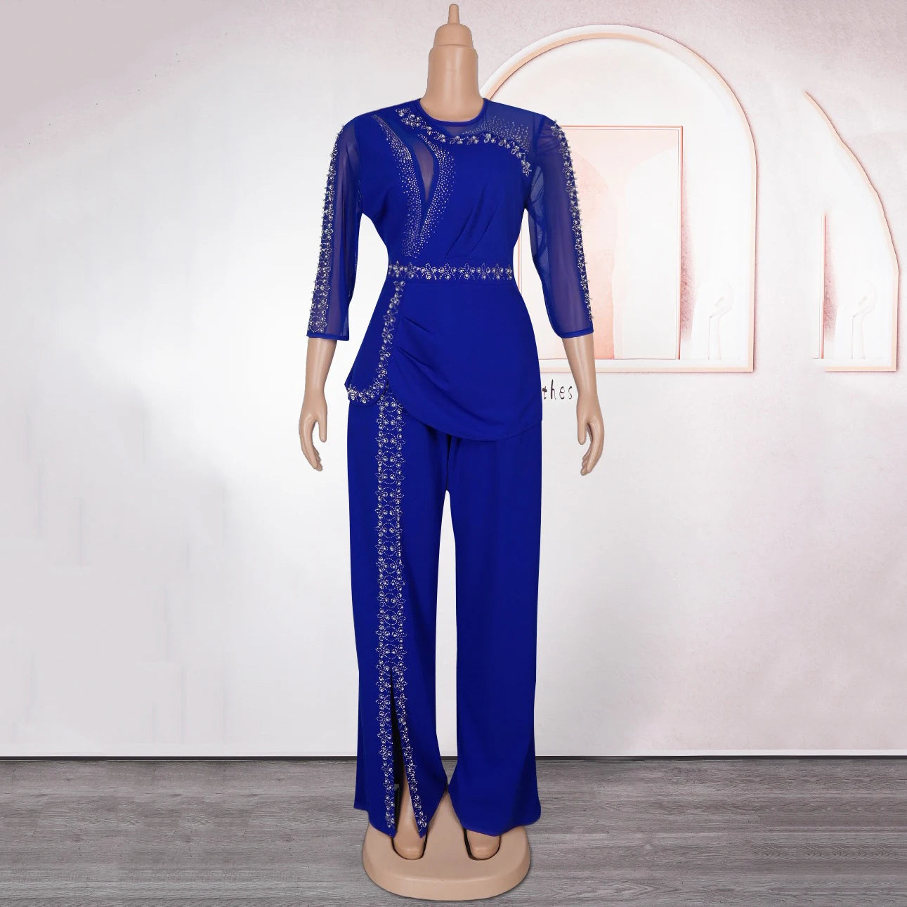 Women 2 Pieces Pants Sets African Ladies Blouse & Long Trousers Beaded Diamond Transparent Sleeve Fashion Business Work Outfits