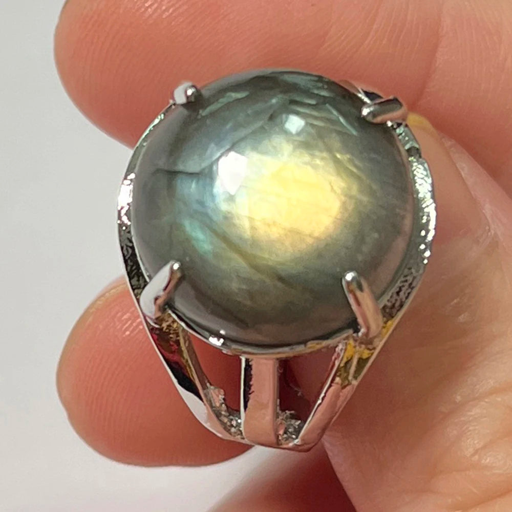 Ring Natural Stone Round Bead Blue Labradorite Adjustable Finger