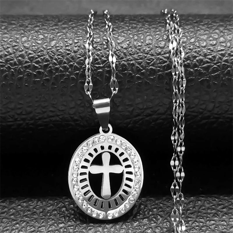 Simple Cross Pendant Necklace Stainless Steel Crystal Jesus Christ Necklaces Religious Jewelry corrente feminina N8249S02