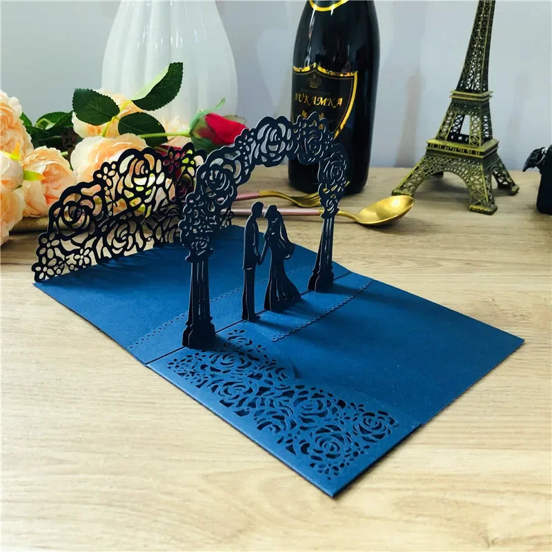3D Bride And Groom Rose Gold Pop up Wedding invitations laser cut Greeting cards envelope Rsvp Navy blue White Pink