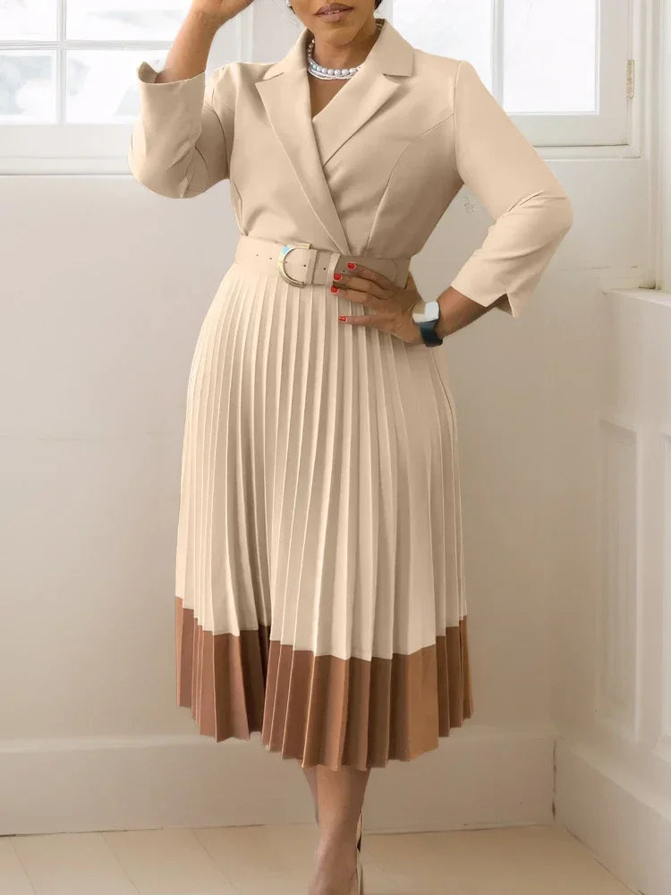 A-line Pleated Blazer Dresses for Women High Waisted Party Suit V-neck Long Sleeved Elegant African Modest African Work Wear New