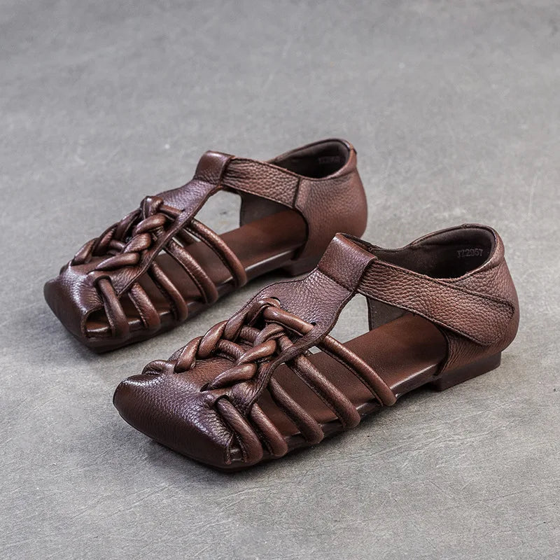 Genuine Leather Sandals Women Handmade Woven Literary Style Hollow Flat Roman Sandals Ladies Summer Shoes Sandalias