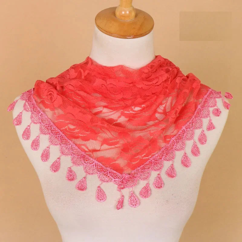 Fashion Women Triangle Wrap Fringed Shawls Head Scarf Tassel Embroidery Lace Scarves Flower Hijab Bandana Prayer Kerchief Church