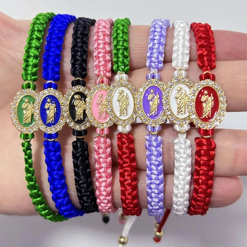 Mexican Religious San Judas Tadeo Jewelry Our Father Of Saint Jude Charm Handmade Rope Chain String Braided Bracelet for Women