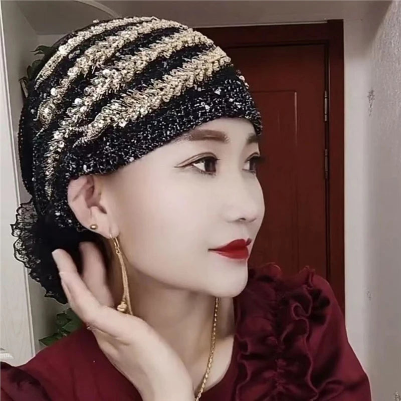 Lace Turban Hats for Women Muslim Headscarf Head Wraps Caps Female Daily Beanie Hair Cover Cap Glitter Diamonds Embroidery