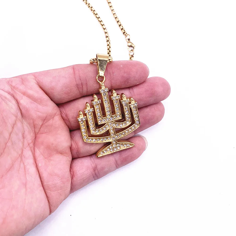 Menorah Pendant Judaica Necklace Women/Men Religious Symbols Jewelry Long Chain