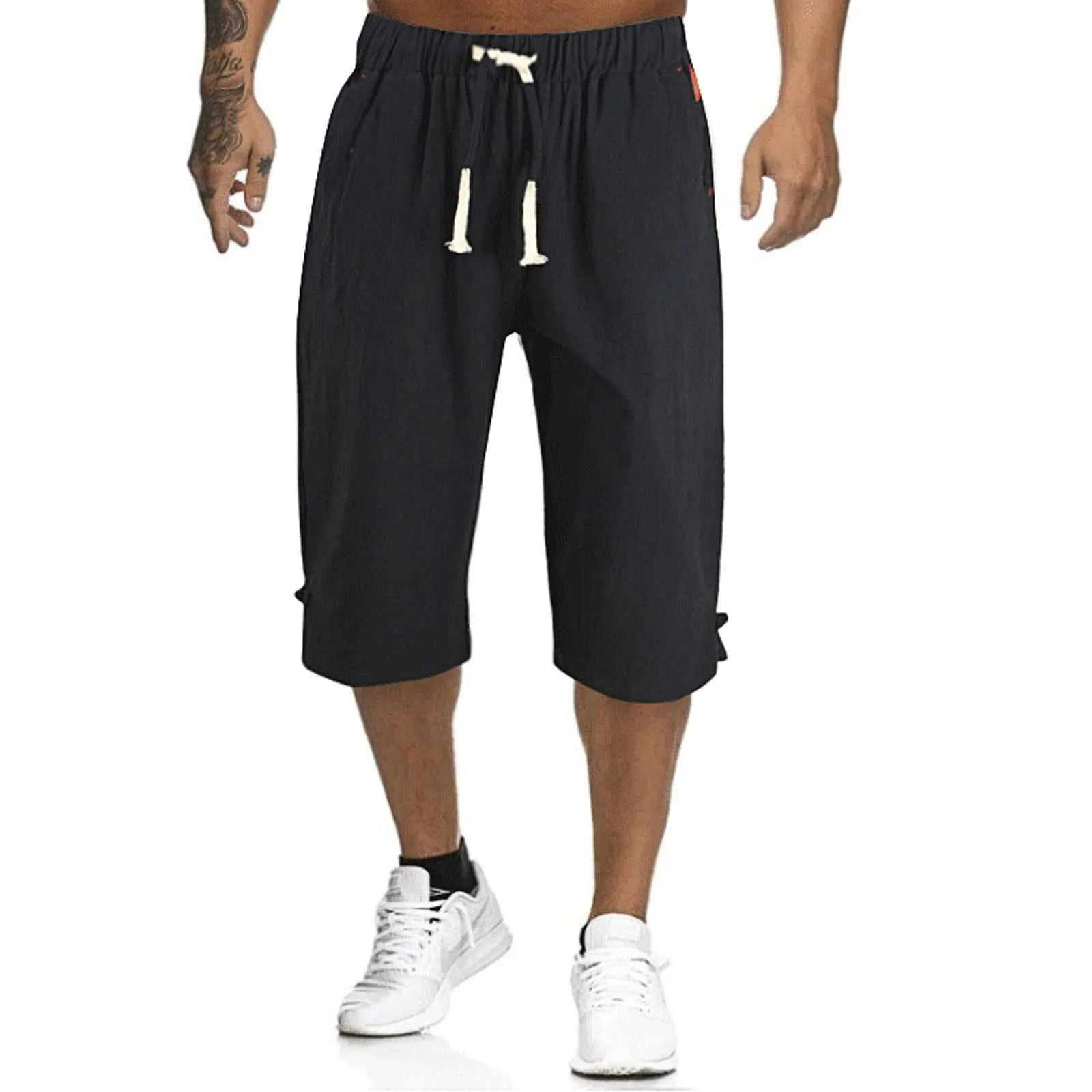 Cotton Linen Men'S Loose Tie Casual Pants Elastic Waist Beach Pants Linen Cropped Pants