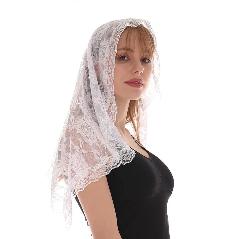 Lace Shawl Mantilla Catholic Veil Lightweight Tassel Scarf Floral Embroidery