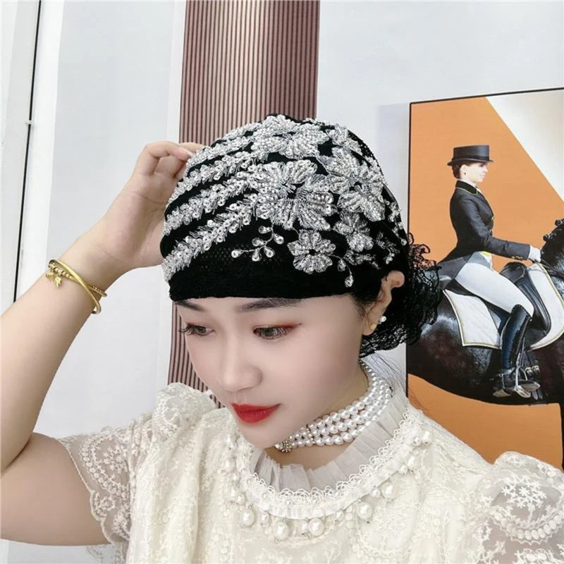 Lace Turban Hats for Women Muslim Headscarf Head Wraps Caps Female Daily Beanie Hair Cover Cap Glitter Diamonds Embroidery
